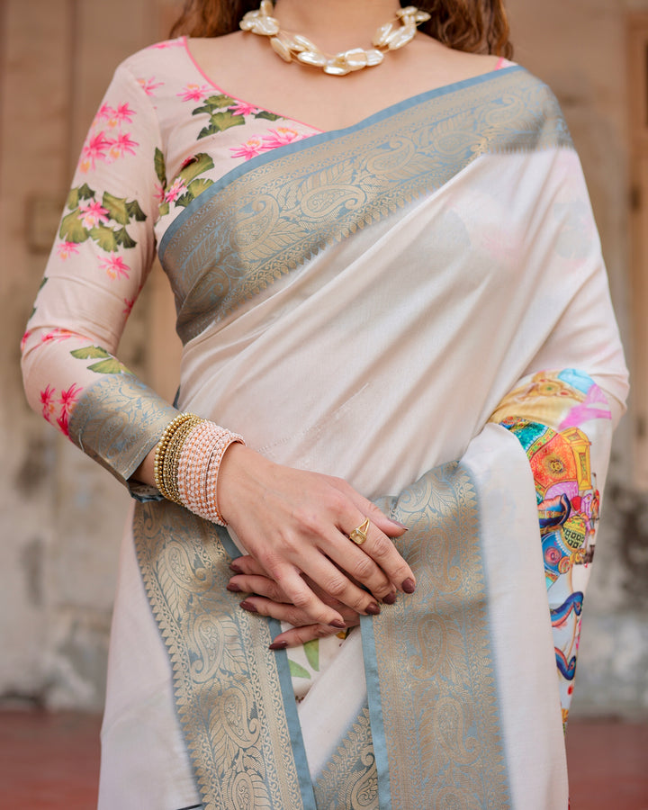 Ivory Tussar Silk Saree with Royal Elephant Print, Grey Zari Border, Statement Pallu & Tassels