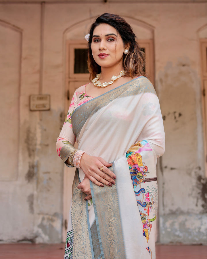 Ivory Tussar Silk Saree with Royal Elephant Print, Grey Zari Border, Statement Pallu & Tassels