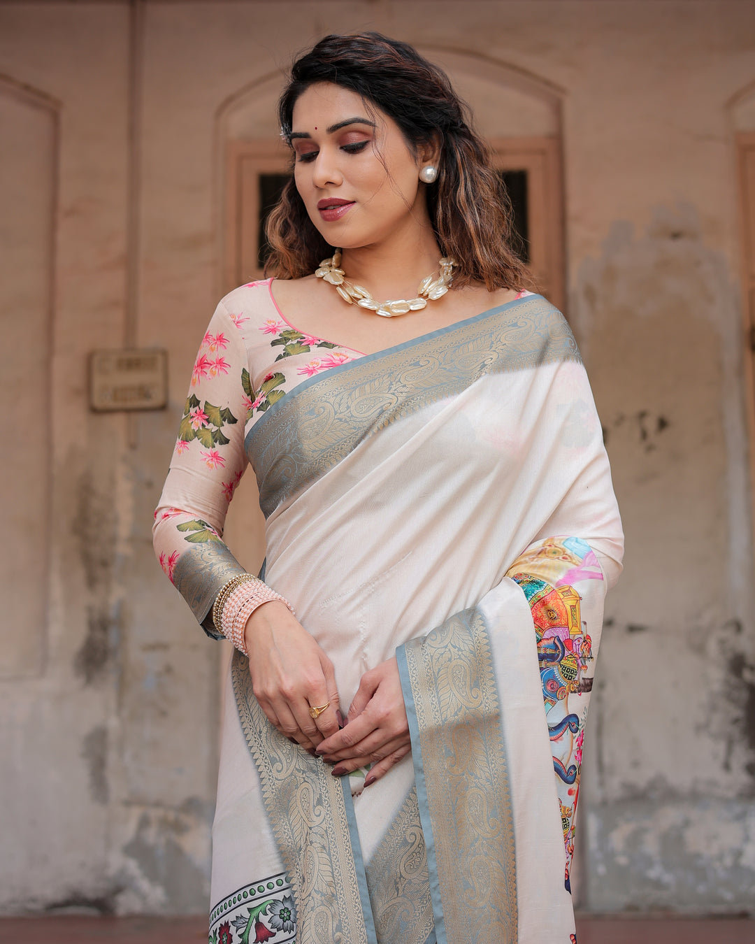 Ivory Tussar Silk Saree with Royal Elephant Print, Grey Zari Border, Statement Pallu & Tassels