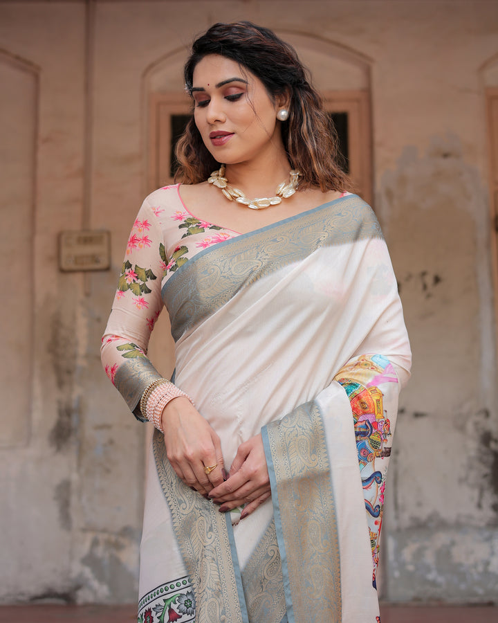 Ivory Tussar Silk Saree with Royal Elephant Print, Grey Zari Border, Statement Pallu & Tassels