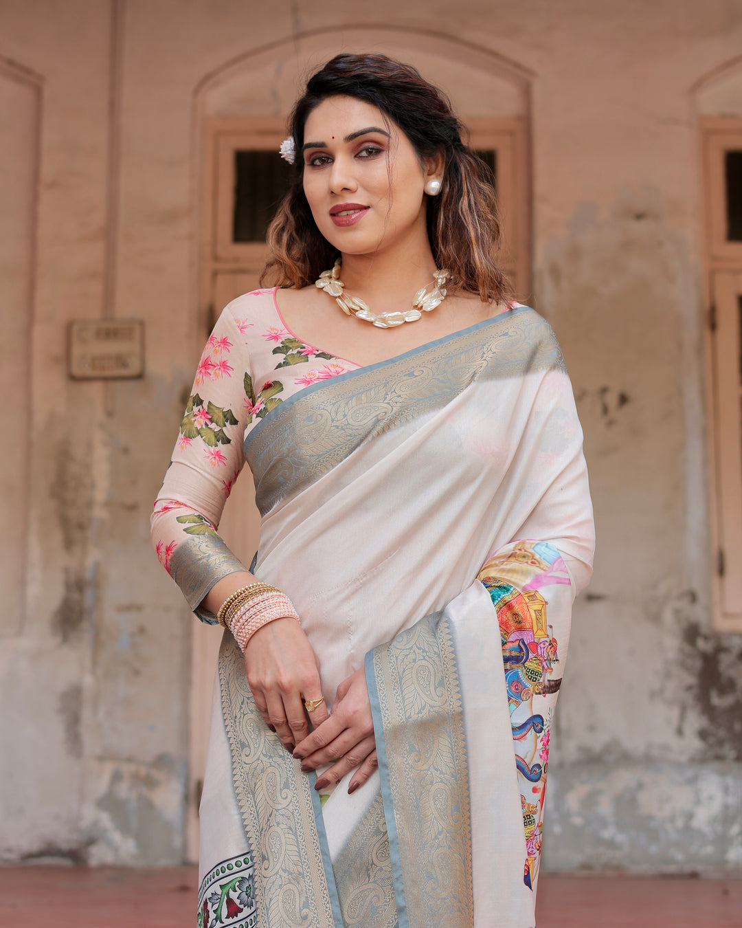 Ivory Tussar Silk Saree with Royal Elephant Print, Grey Zari Border, Statement Pallu & Tassels