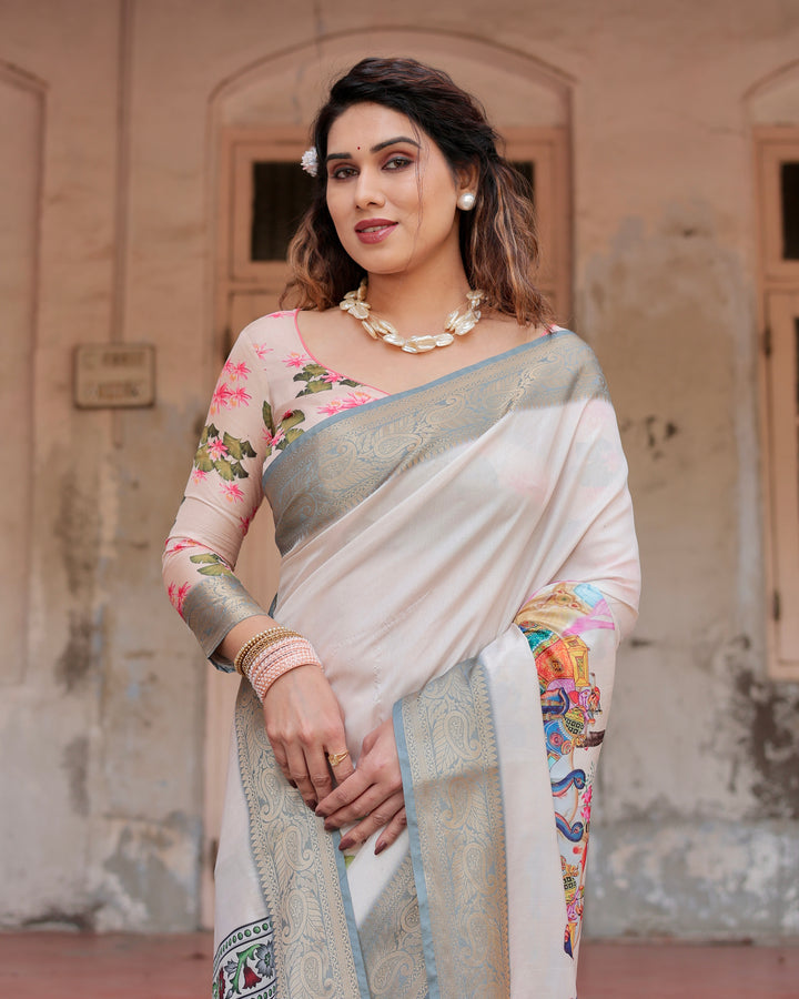 Ivory Tussar Silk Saree with Royal Elephant Print, Grey Zari Border, Statement Pallu & Tassels