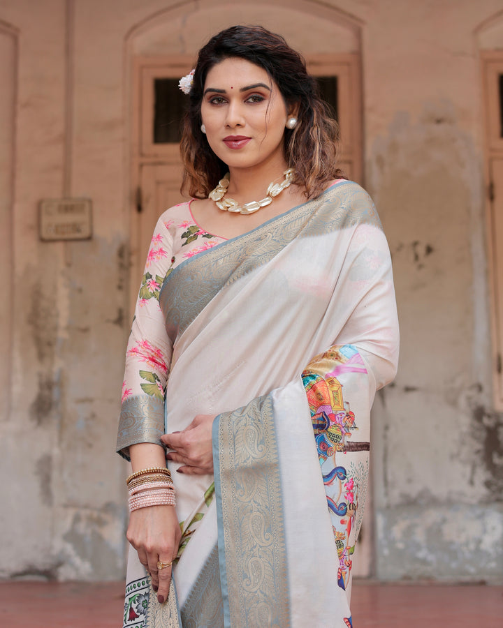 Ivory Tussar Silk Saree with Royal Elephant Print, Grey Zari Border, Statement Pallu & Tassels