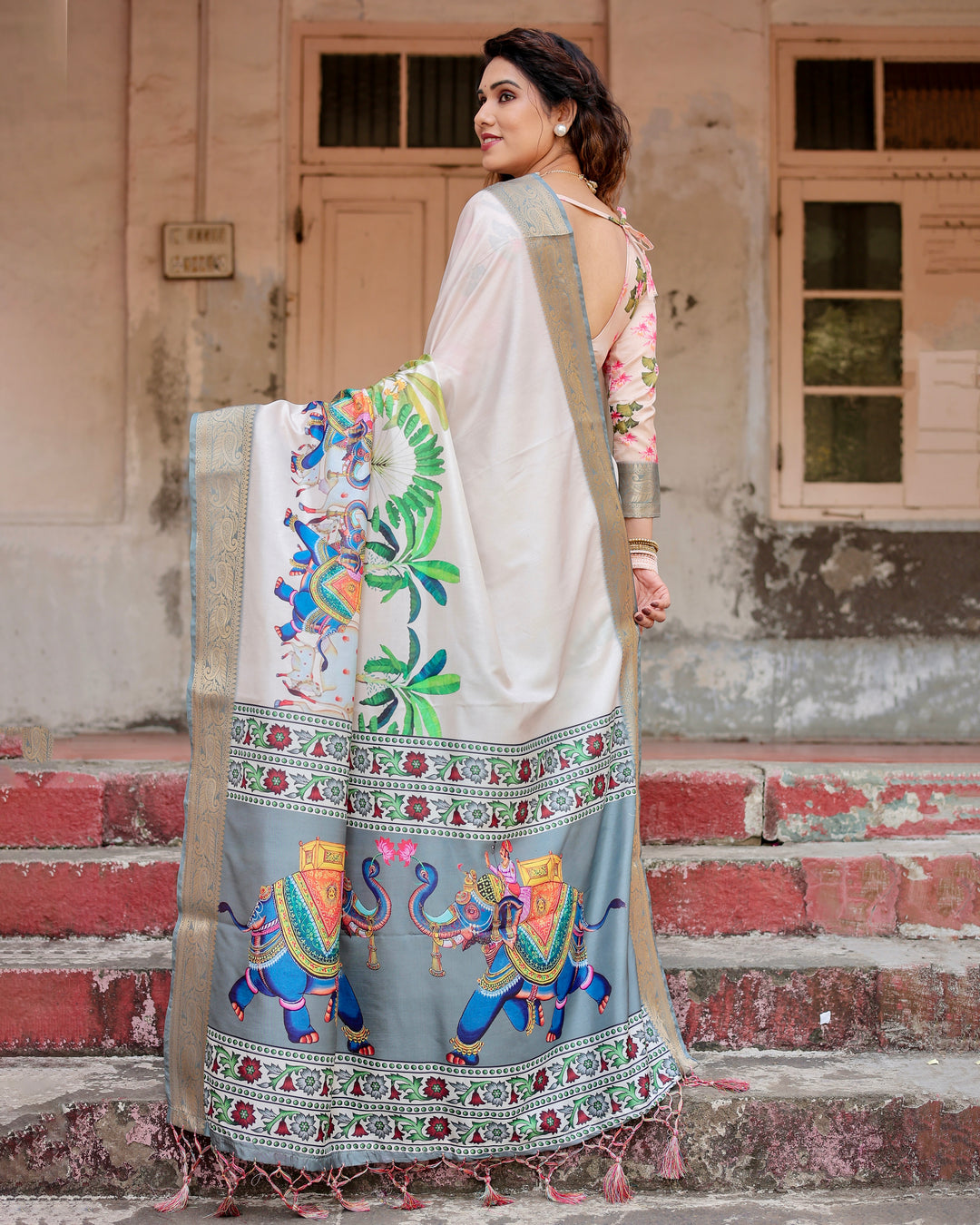 Ivory Tussar Silk Saree with Royal Elephant Print, Grey Zari Border, Statement Pallu & Tassels