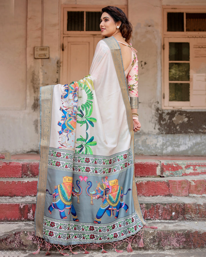Ivory Tussar Silk Saree with Royal Elephant Print, Grey Zari Border, Statement Pallu & Tassels