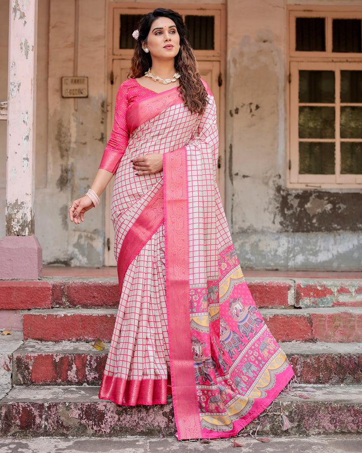Ivory & Rani Pink Tussar Silk Saree with Checkered Print, Royal Elephant Pallu, Zari Border & Tassels