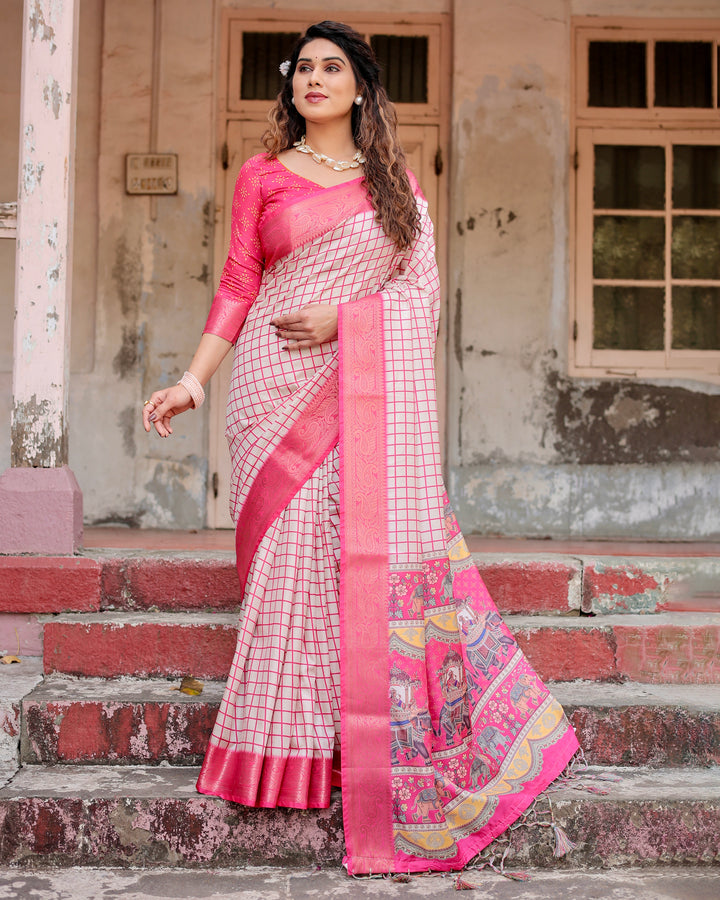 Ivory & Rani Pink Tussar Silk Saree with Checkered Print, Royal Elephant Pallu, Zari Border & Tassels