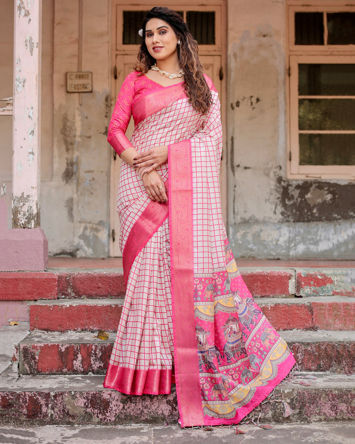 Ivory & Rani Pink Tussar Silk Saree with Checkered Print, Royal Elephant Pallu, Zari Border & Tassels