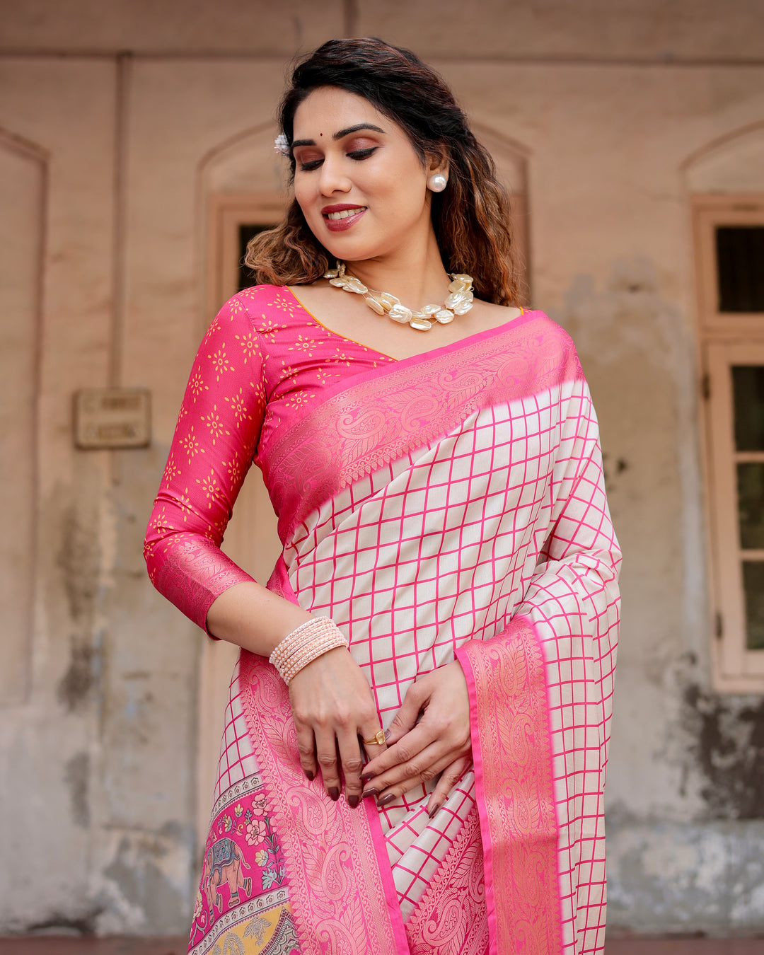 Ivory & Rani Pink Tussar Silk Saree with Checkered Print, Royal Elephant Pallu, Zari Border & Tassels