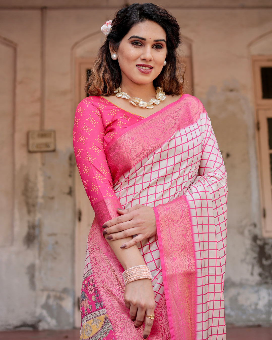 Ivory & Rani Pink Tussar Silk Saree with Checkered Print, Royal Elephant Pallu, Zari Border & Tassels