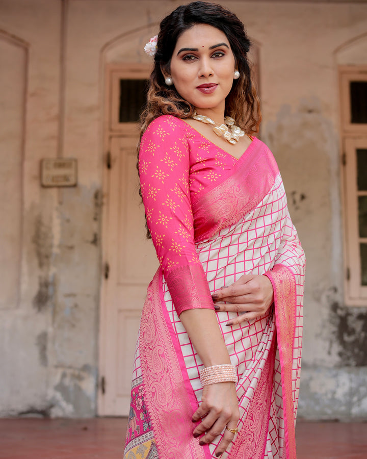 Ivory & Rani Pink Tussar Silk Saree with Checkered Print, Royal Elephant Pallu, Zari Border & Tassels