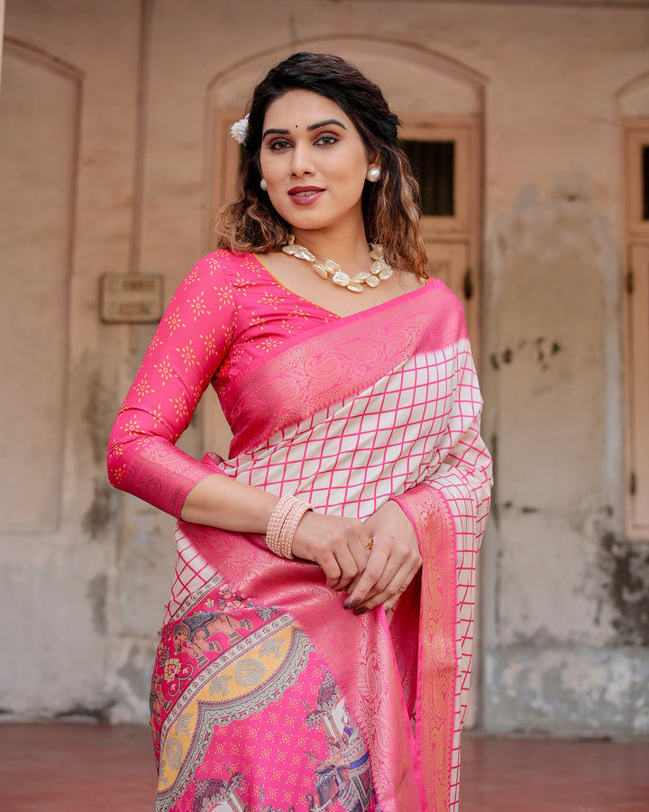 Ivory & Rani Pink Tussar Silk Saree with Checkered Print, Royal Elephant Pallu, Zari Border & Tassels