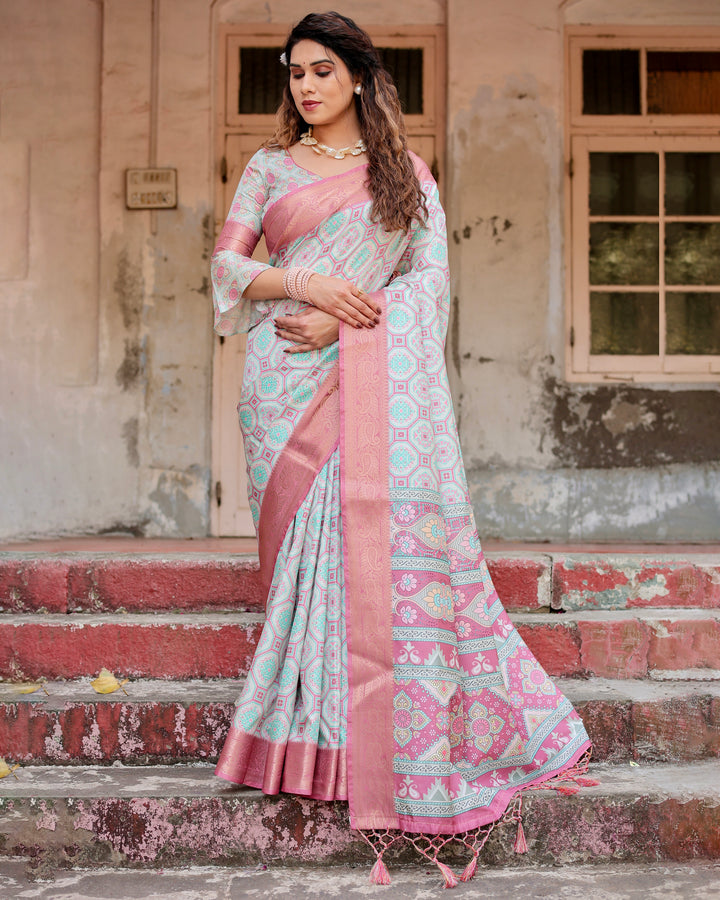 Mint Green Tussar Silk Saree with Geometric Floral Print, Blush Pink Woven Border, Tassels & Attached Blouse