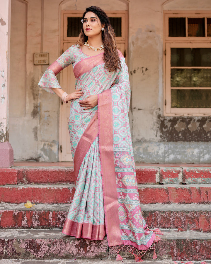 Mint Green Tussar Silk Saree with Geometric Floral Print, Blush Pink Woven Border, Tassels & Attached Blouse