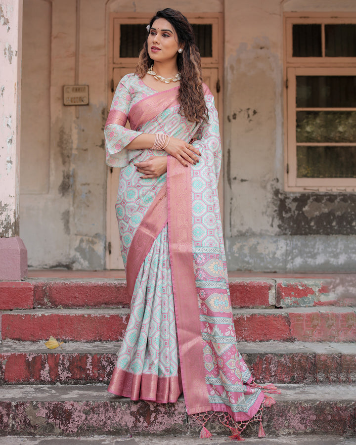 Mint Green Tussar Silk Saree with Geometric Floral Print, Blush Pink Woven Border, Tassels & Attached Blouse