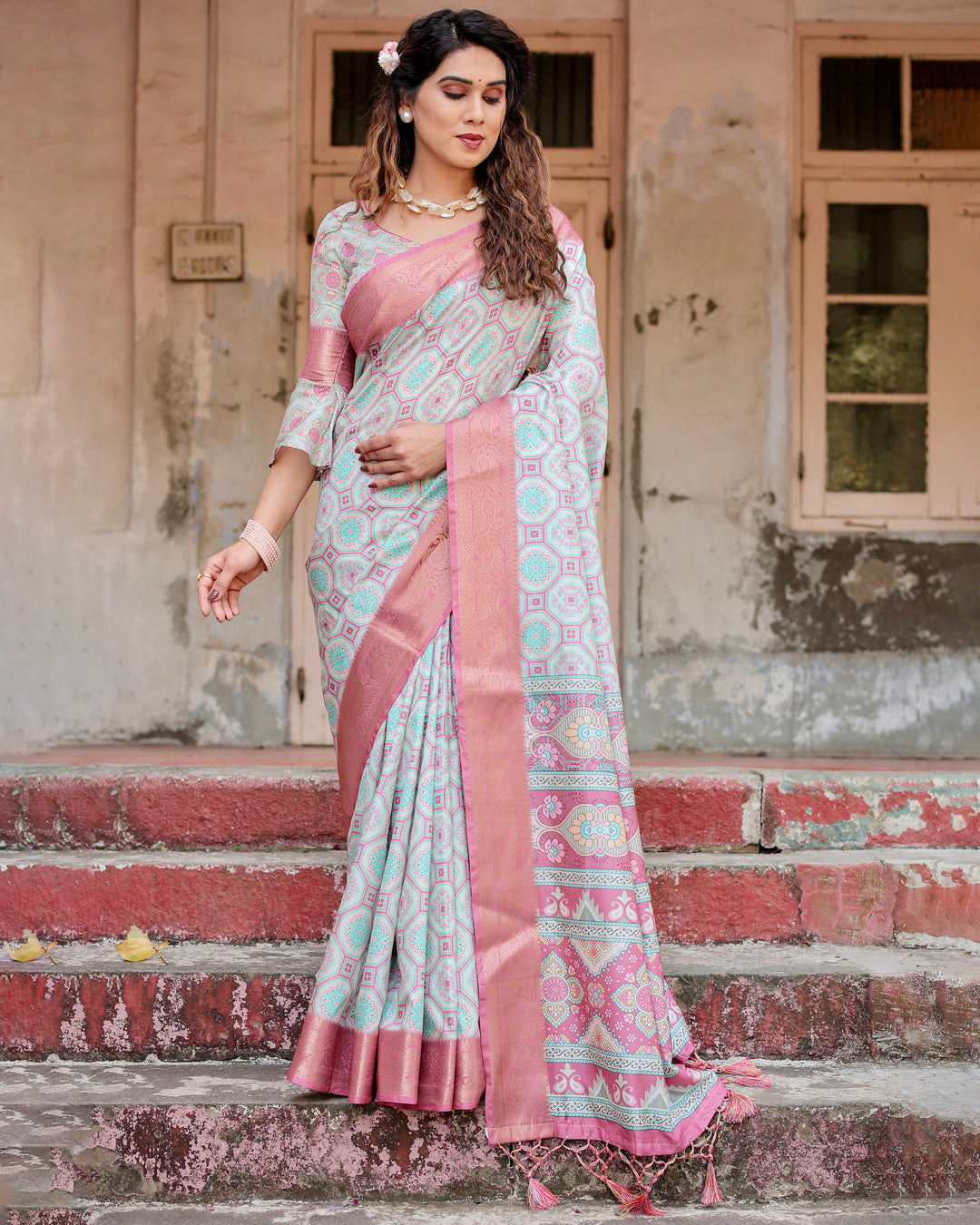 Mint Green Tussar Silk Saree with Geometric Floral Print, Blush Pink Woven Border, Tassels & Attached Blouse