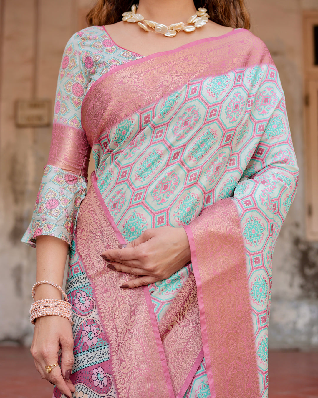 Mint Green Tussar Silk Saree with Geometric Floral Print, Blush Pink Woven Border, Tassels & Attached Blouse