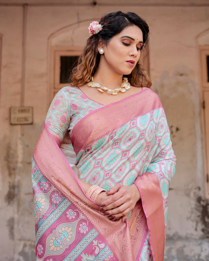 Mint Green Tussar Silk Saree with Geometric Floral Print, Blush Pink Woven Border, Tassels & Attached Blouse