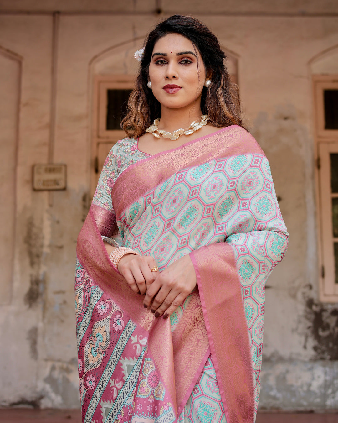 Mint Green Tussar Silk Saree with Geometric Floral Print, Blush Pink Woven Border, Tassels & Attached Blouse