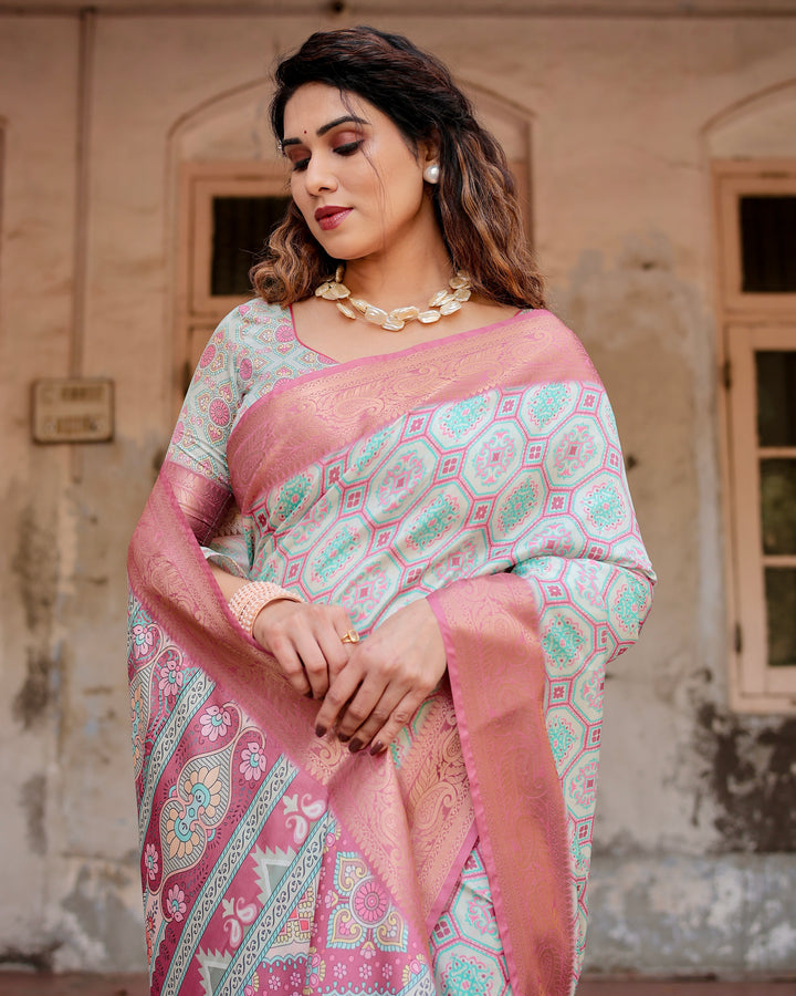 Mint Green Tussar Silk Saree with Geometric Floral Print, Blush Pink Woven Border, Tassels & Attached Blouse