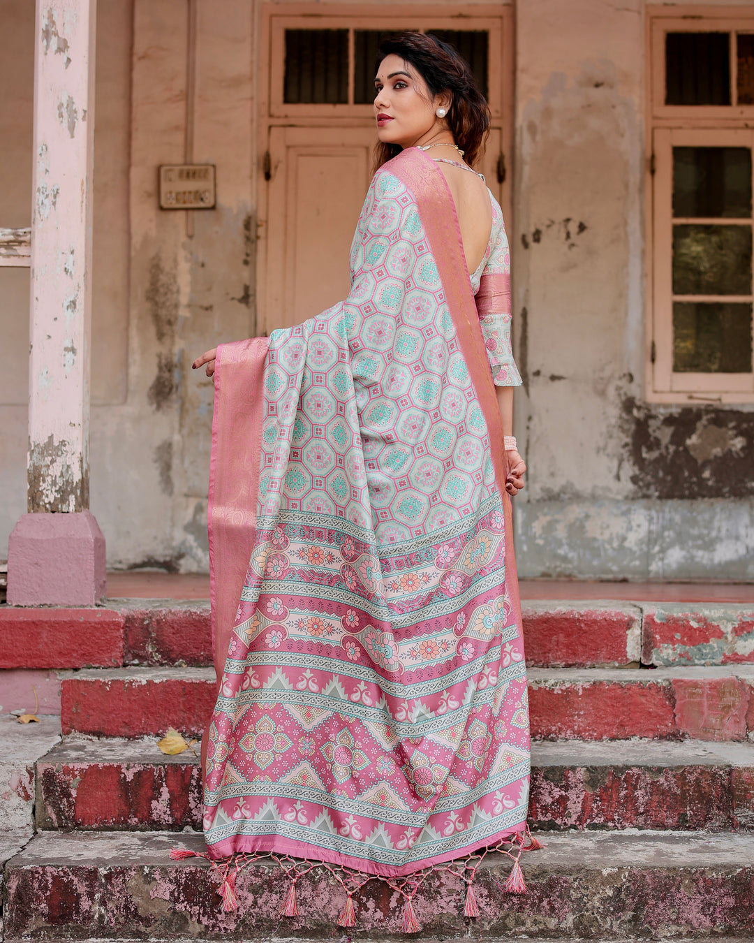 Mint Green Tussar Silk Saree with Geometric Floral Print, Blush Pink Woven Border, Tassels & Attached Blouse