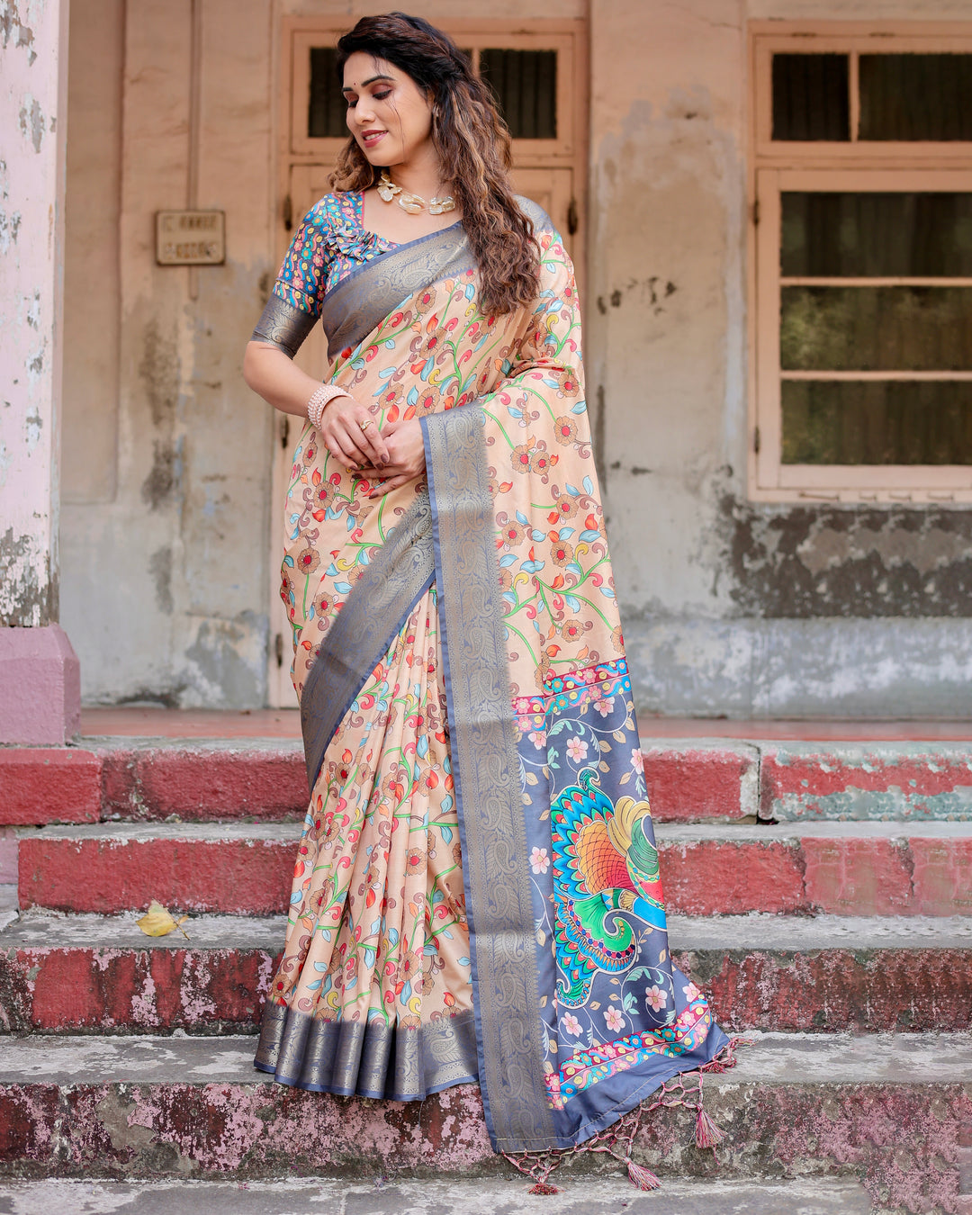 Beige Tussar Silk Saree with Kalamkari Floral Print, Grey Zari Border, Peacock Pallu & Tassels