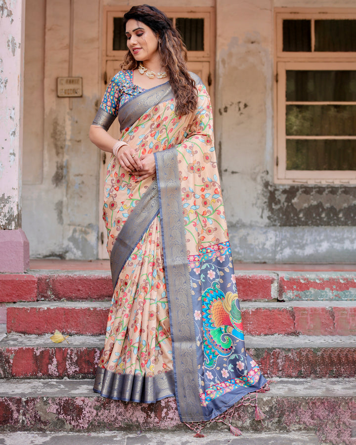 Beige Tussar Silk Saree with Kalamkari Floral Print, Grey Zari Border, Peacock Pallu & Tassels