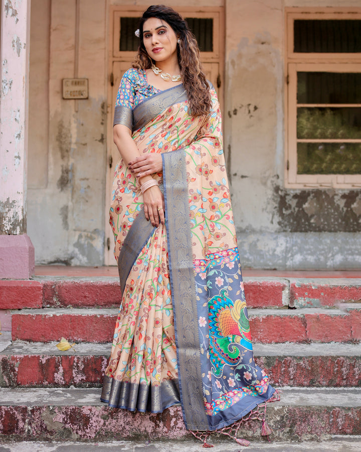 Beige Tussar Silk Saree with Kalamkari Floral Print, Grey Zari Border, Peacock Pallu & Tassels