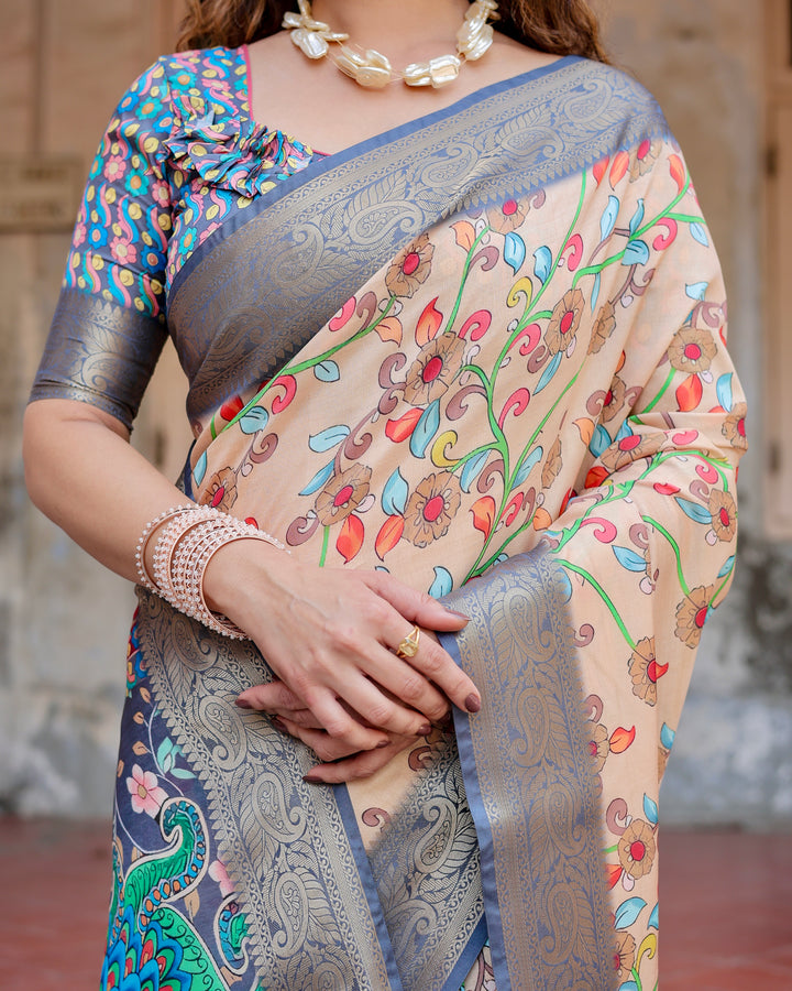 Beige Tussar Silk Saree with Kalamkari Floral Print, Grey Zari Border, Peacock Pallu & Tassels
