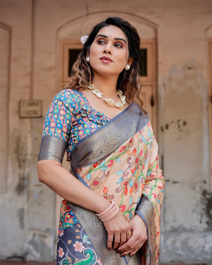 Beige Tussar Silk Saree with Kalamkari Floral Print, Grey Zari Border, Peacock Pallu & Tassels