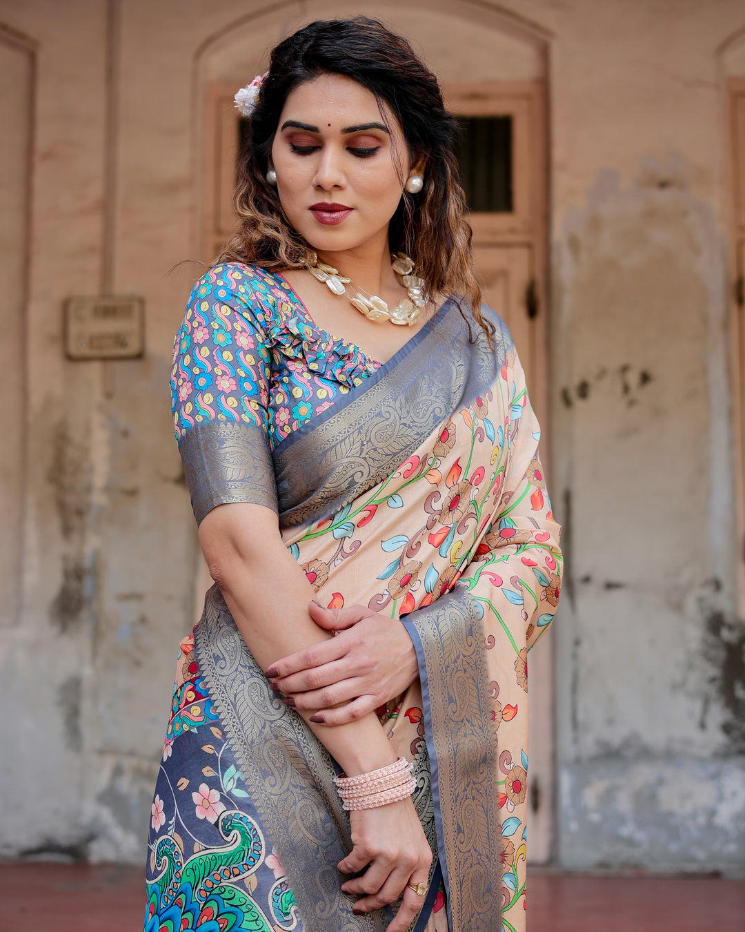 Beige Tussar Silk Saree with Kalamkari Floral Print, Grey Zari Border, Peacock Pallu & Tassels