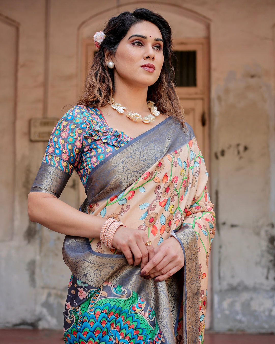 Beige Tussar Silk Saree with Kalamkari Floral Print, Grey Zari Border, Peacock Pallu & Tassels