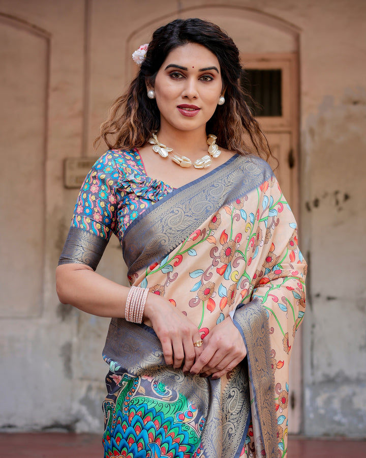 Beige Tussar Silk Saree with Kalamkari Floral Print, Grey Zari Border, Peacock Pallu & Tassels
