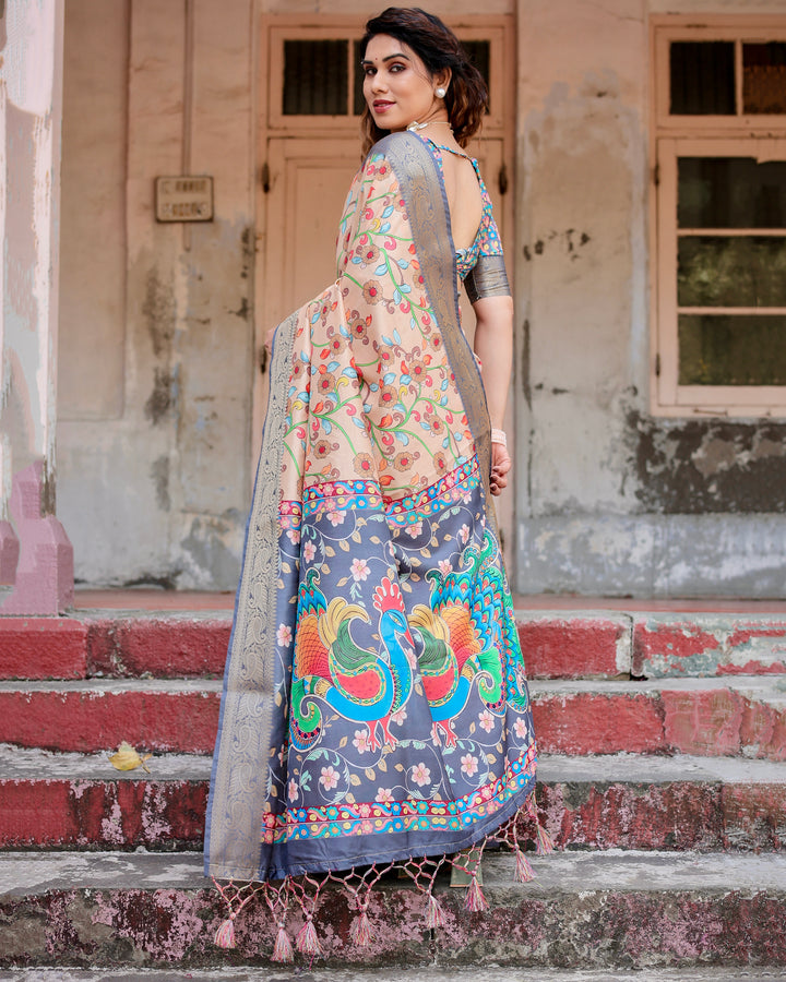 Beige Tussar Silk Saree with Kalamkari Floral Print, Grey Zari Border, Peacock Pallu & Tassels