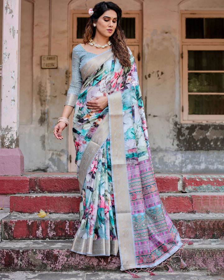 Aqua Blue Tussar Silk Saree with Abstract Floral Print, Silver-Gold Zari Border & Paisley Pallu