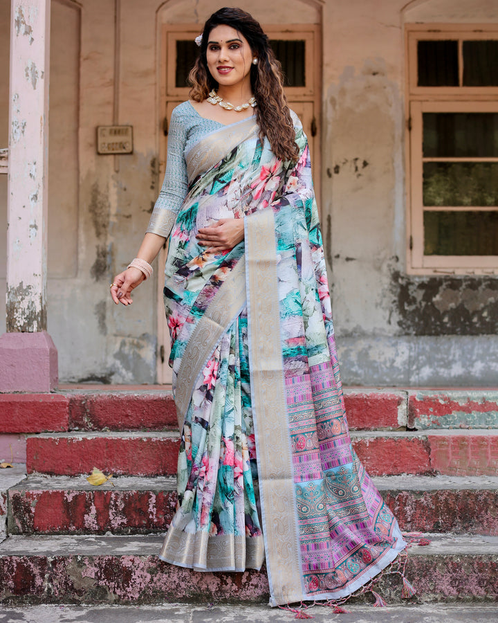 Aqua Blue Tussar Silk Saree with Abstract Floral Print, Silver-Gold Zari Border & Paisley Pallu