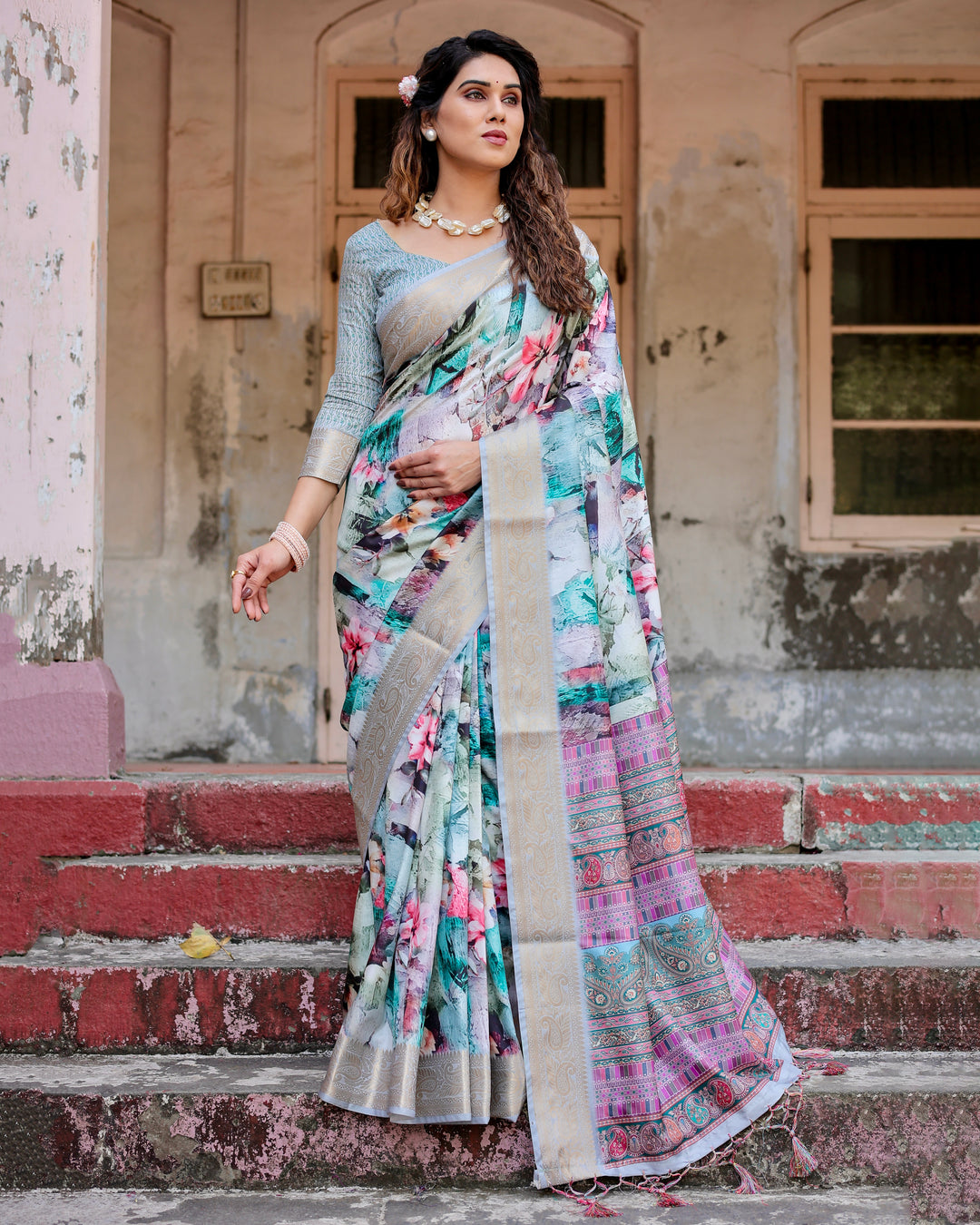 Aqua Blue Tussar Silk Saree with Abstract Floral Print, Silver-Gold Zari Border & Paisley Pallu