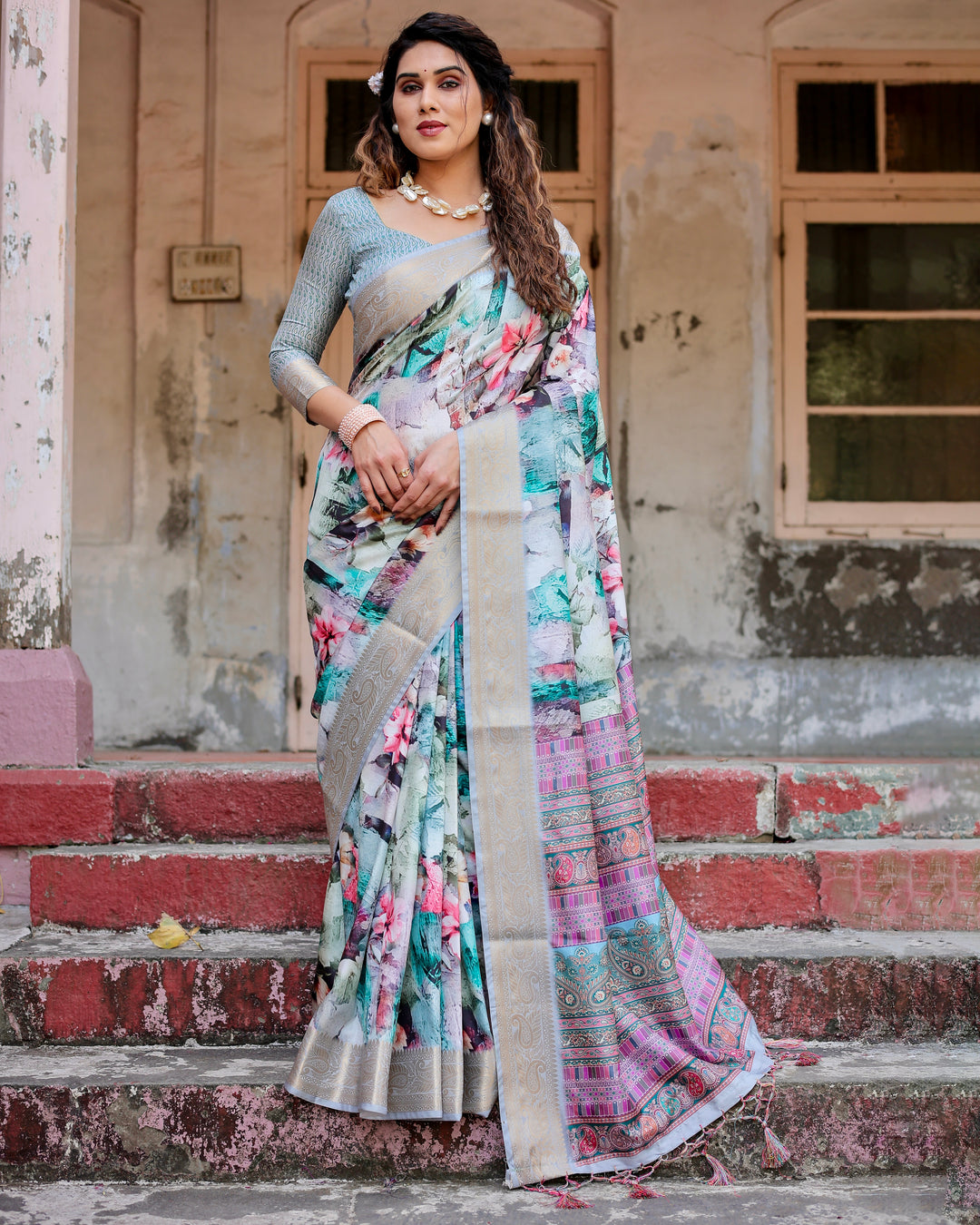 Aqua Blue Tussar Silk Saree with Abstract Floral Print, Silver-Gold Zari Border & Paisley Pallu
