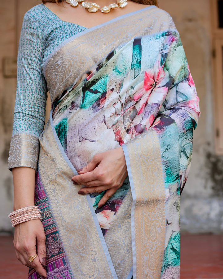 Aqua Blue Tussar Silk Saree with Abstract Floral Print, Silver-Gold Zari Border & Paisley Pallu
