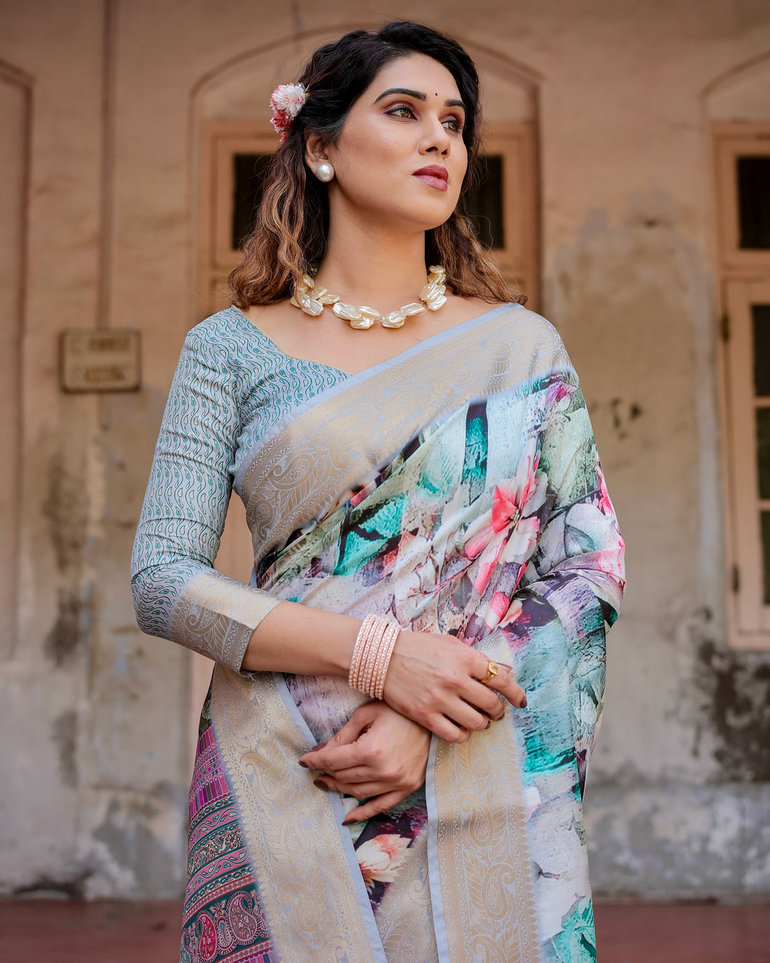Aqua Blue Tussar Silk Saree with Abstract Floral Print, Silver-Gold Zari Border & Paisley Pallu