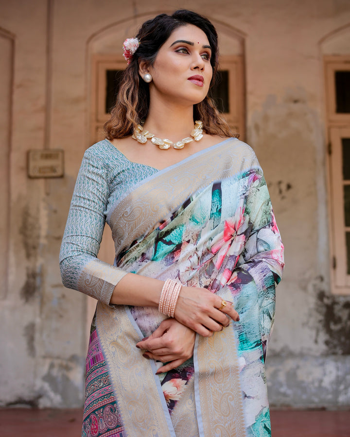Aqua Blue Tussar Silk Saree with Abstract Floral Print, Silver-Gold Zari Border & Paisley Pallu