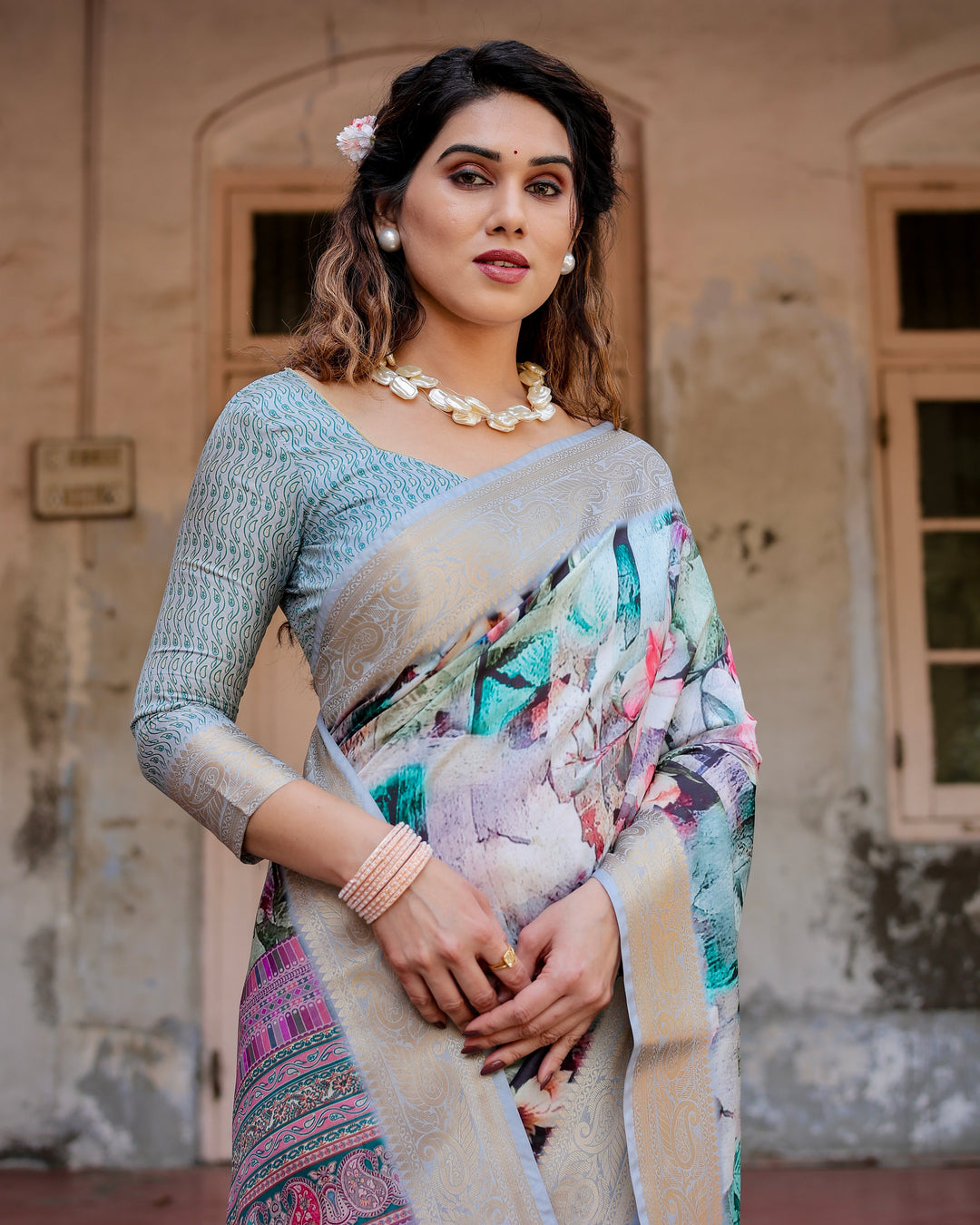 Aqua Blue Tussar Silk Saree with Abstract Floral Print, Silver-Gold Zari Border & Paisley Pallu