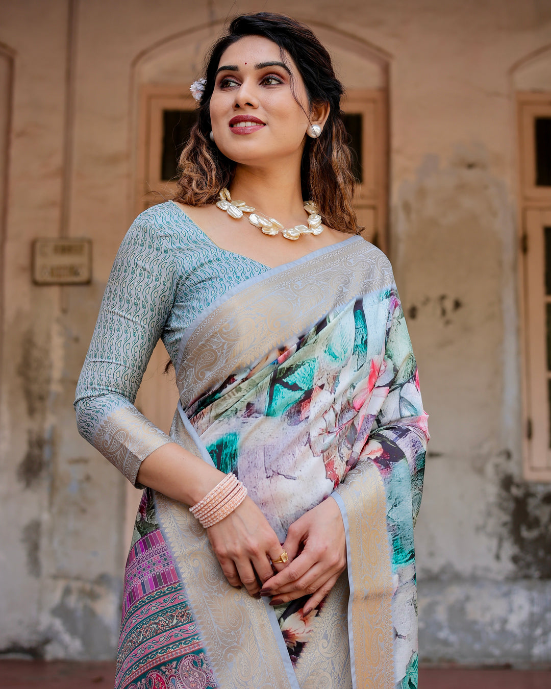 Aqua Blue Tussar Silk Saree with Abstract Floral Print, Silver-Gold Zari Border & Paisley Pallu