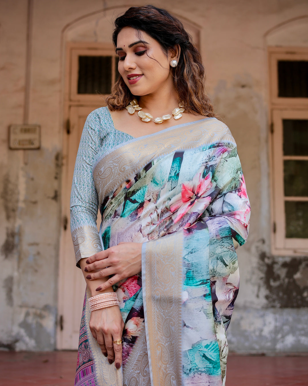 Aqua Blue Tussar Silk Saree with Abstract Floral Print, Silver-Gold Zari Border & Paisley Pallu