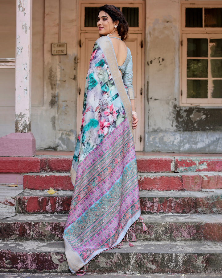 Aqua Blue Tussar Silk Saree with Abstract Floral Print, Silver-Gold Zari Border & Paisley Pallu