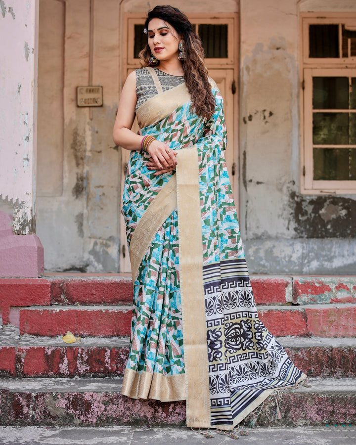 Aqua Green Tussar Silk Saree with Abstract Geometric Print, Gold Zari Border & Monochrome Statement Pallu