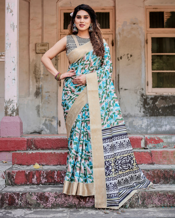 Aqua Green Tussar Silk Saree with Abstract Geometric Print, Gold Zari Border & Monochrome Statement Pallu