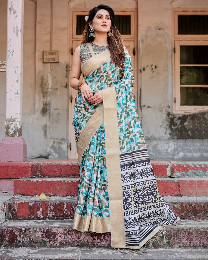 Aqua Green Tussar Silk Saree with Abstract Geometric Print, Gold Zari Border & Monochrome Statement Pallu
