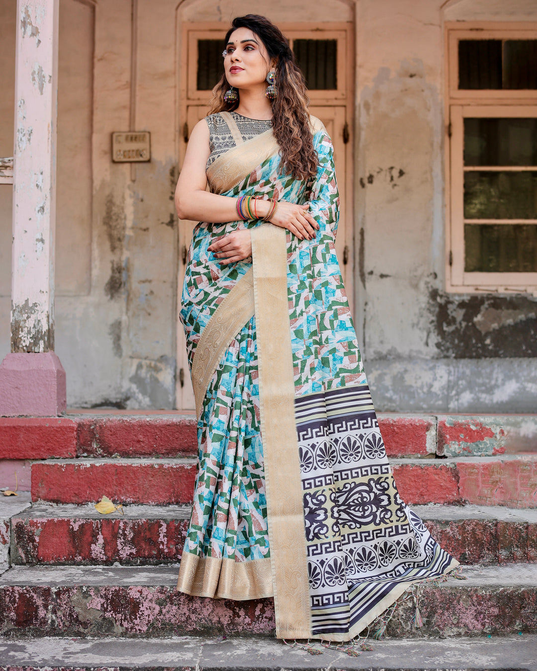 Aqua Green Tussar Silk Saree with Abstract Geometric Print, Gold Zari Border & Monochrome Statement Pallu