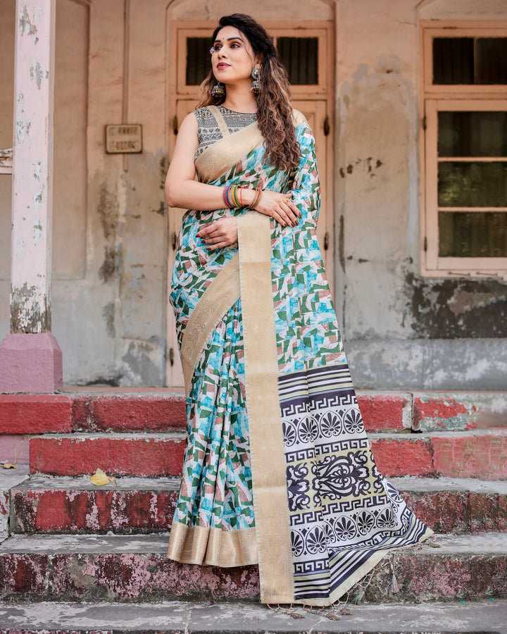 Aqua Green Tussar Silk Saree with Abstract Geometric Print, Gold Zari Border & Monochrome Statement Pallu